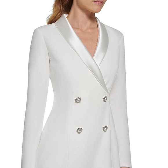NEW ELIZA J White CREPE Tuxedo BLAZER Satin LAPEL Pearl Button SHEATH DRESS 8 - Picture 5 of 10